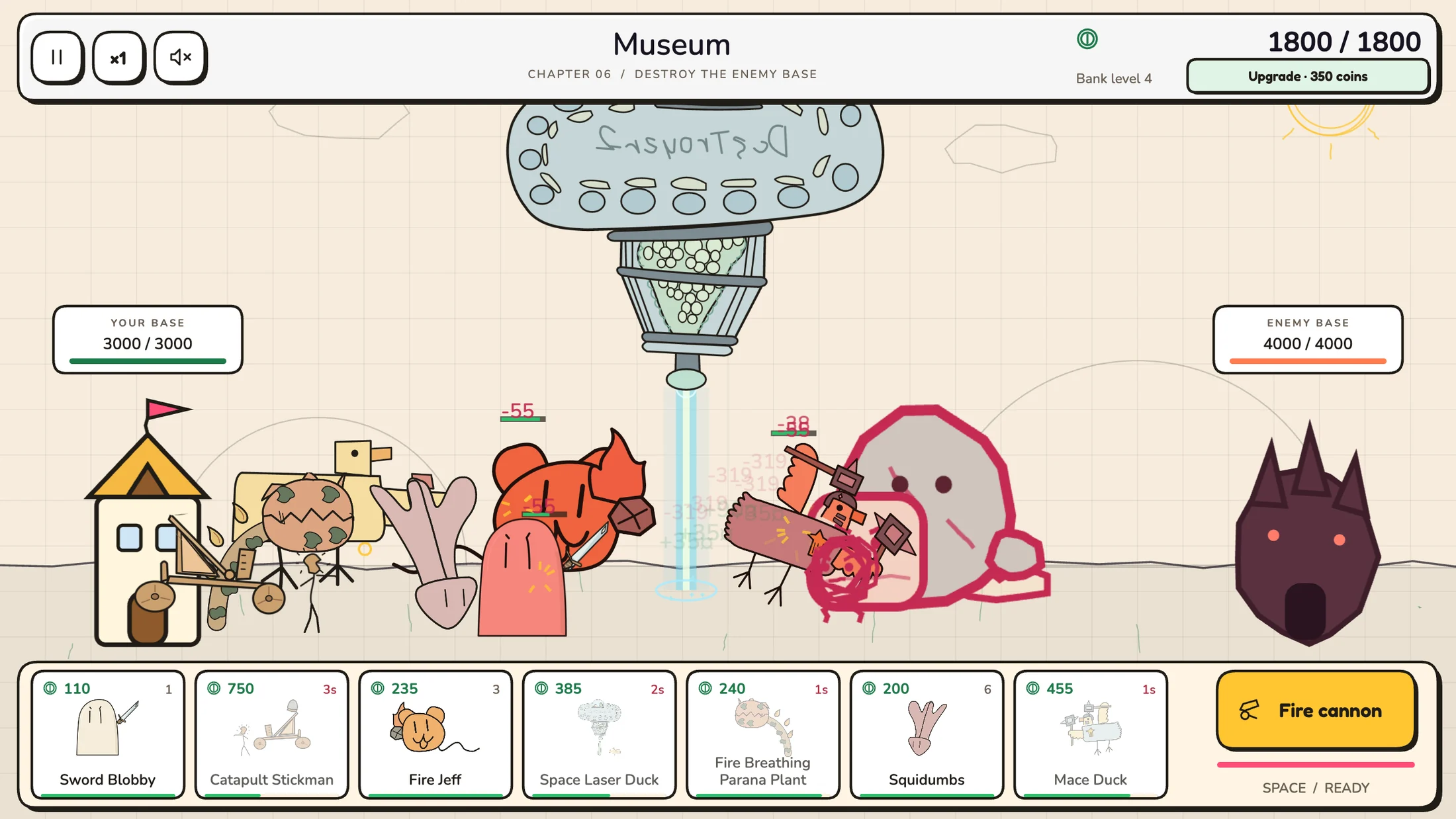 A Battle Doodles campaign battle in the Museum chapter: a hand-drawn squad of Blobbys, Jeffs, Ducks and a Parana Plant fights scribbled enemies mid-field while a Space Laser Duck fires a beam from its saucer. The bottom bar shows the seven Doodle cards, their costs and the Fire Cannon button.