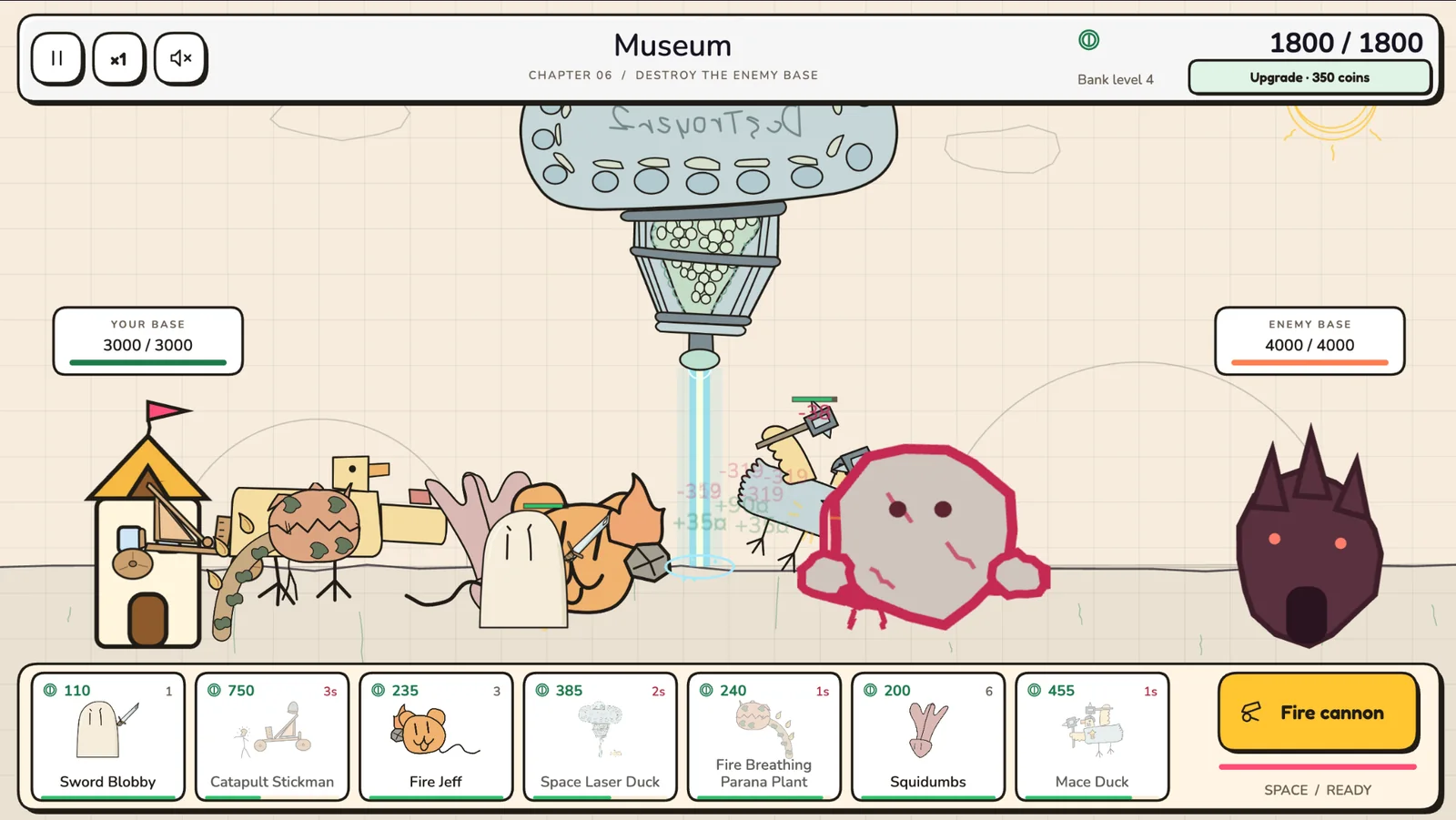 Battle Doodles on a phone: a campaign battle in the Museum with the squad advancing on the enemy's ink fortress, base health at the top and the seven Doodle cards along the bottom.