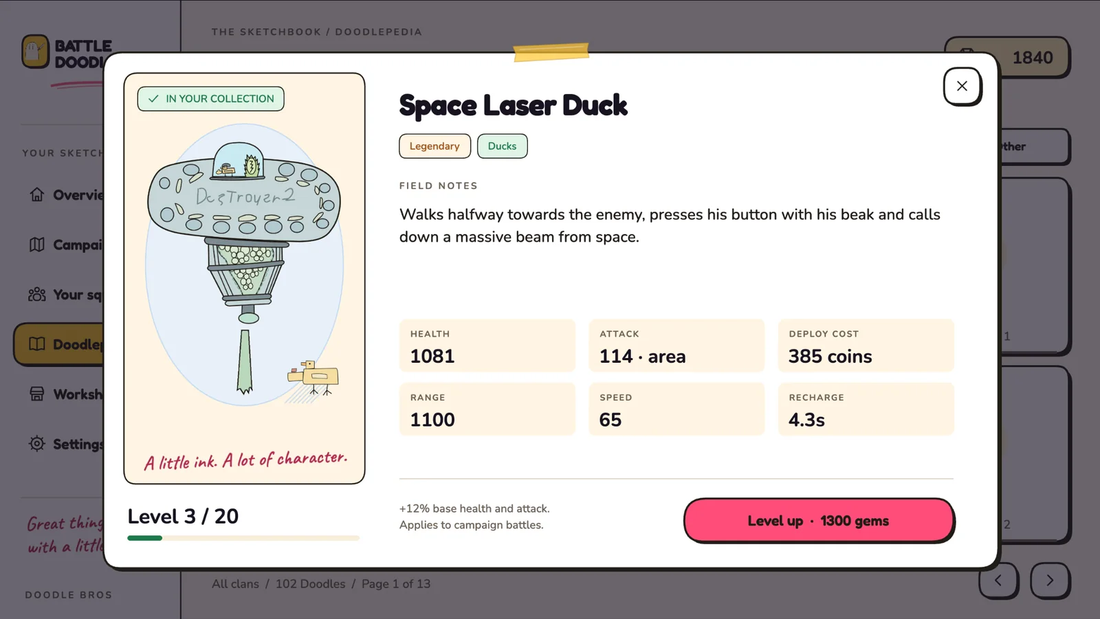 A Doodlepedia card on a phone for Space Laser Duck: the original drawing, its field notes, health, attack, cost, range and speed, and a Level up button.