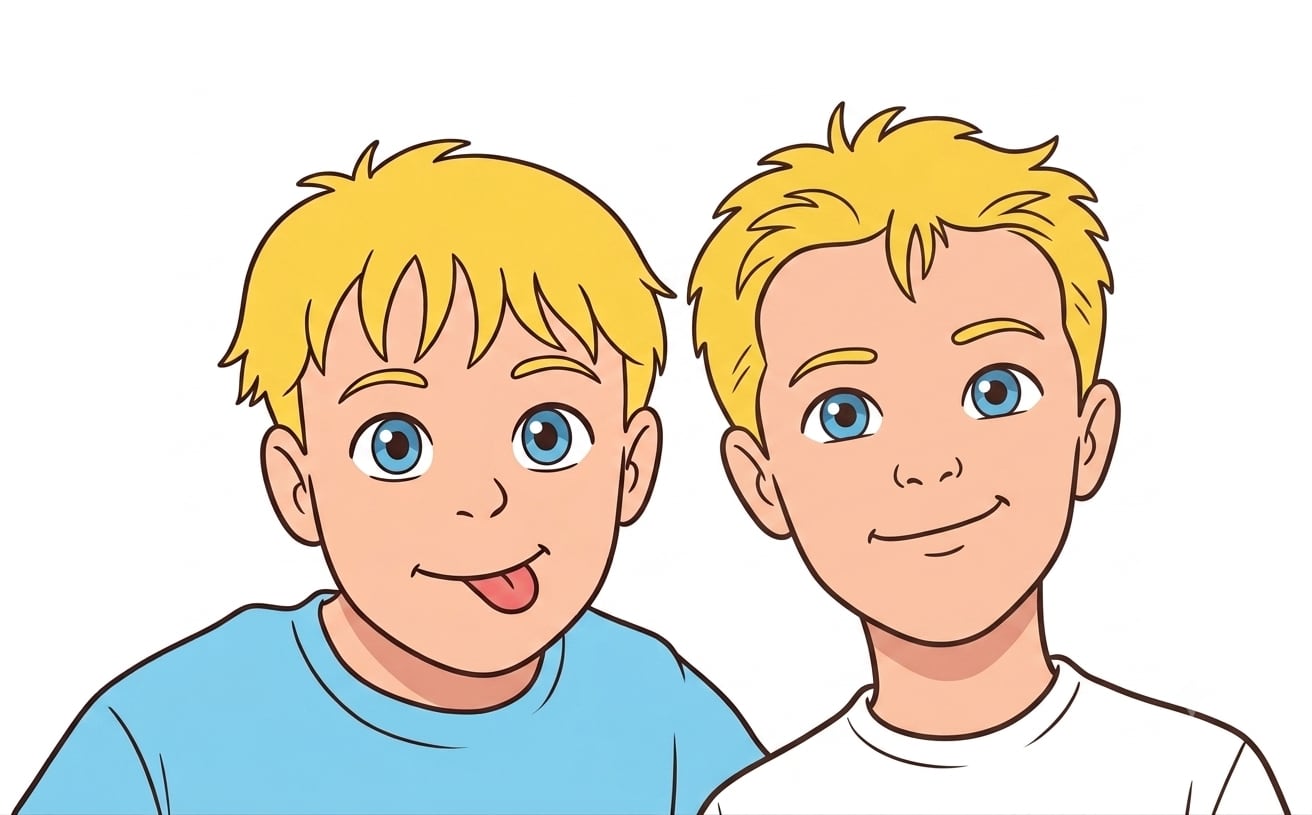 Cartoon drawing of the two of us, both blond, one pulling a face