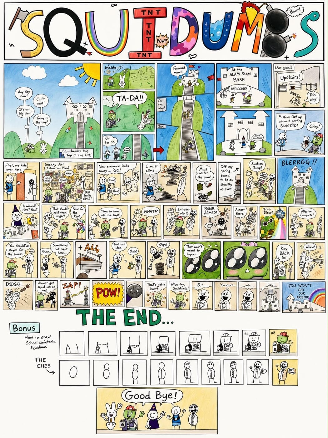 A page of the Squidumbs comic: big hand-lettered title across the top, then rows of small panels following the squids on a mission